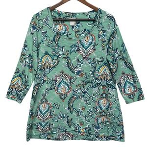 Chico's Size 1 (Medium) Tunic Top Green‎ Paisley Floral Layered Hem Cotton Modal